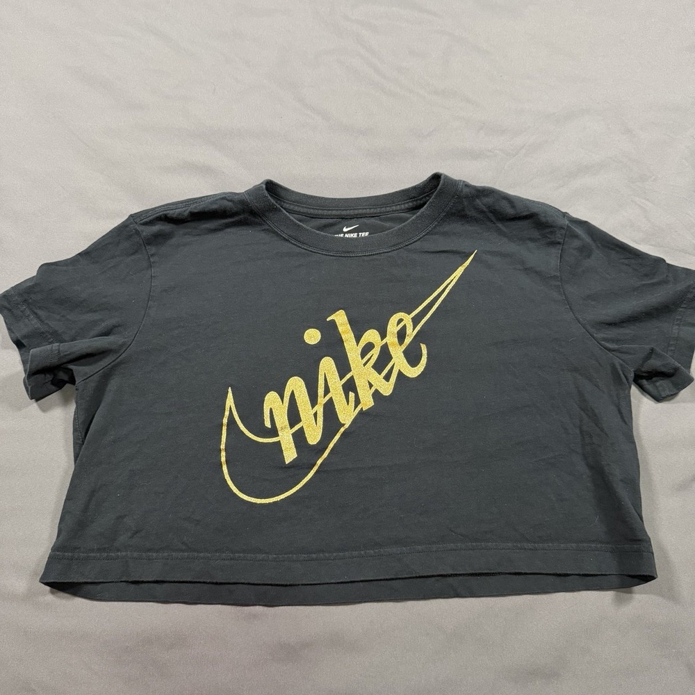 Nike Womens Size Small Black Gold Glitter Logo Cropped T-Shirt 100% Cotton